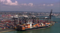 Container Port And Ship By Cranes