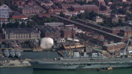 Modern Warship Infront Of Hms Victory
